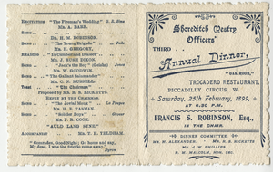 Shoreditch Vestry Officers third annual dinner, menu, Saturday, Feburary 25, 1899, at Trocadero Restaurant, Oak room