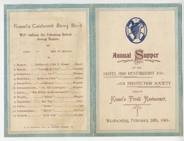 Menu for the Annual supper of the Hotel and Restaurant Protection Society, Wednesday, February 20, 1901, at Tivoli Restaurant
