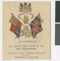 Menu for the celebration of Ugo Biondi's 100th performance at Tivoli Music Hall, Wednesday, May 5, 1897, at Trocadero Restaurant
