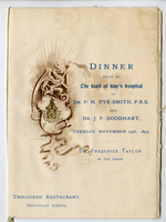 Menu for dinner given by the staff of the Guy's Hospital to Dr. P. H. Pye-Smith and Dr. J. F. Goodhart, Tuesday, November 14, 1899, at Trocadero Restaurant