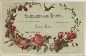 Centropolis Hotel menu, Sunday dinner, September 16, 1883