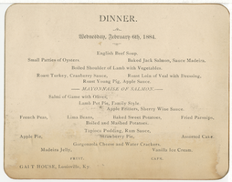 Galt House dinner menu, Wednesday, February 6, 1884