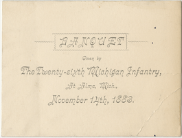 Twenty-sixth Michigan Infantry banquet menu, November 14th, 1883, given at the Wright House