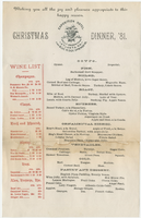 Christmas dinner menu, December 25, 1881 at the Exposition Hotel