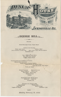 Dunlap House menu, Monday, February 12, 1883