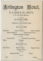 The Arlington House, lunch menu, Sunday, August 19, 1883