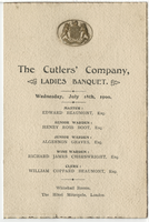 The Cutlers' Company ladies banquet, menu, Wednesday, July 18, 1900, The Hôtel Métropole, Whitehall Rooms