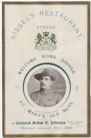 Welcome home dinner to Corporal Arthur R. Jefferyes, menu, Monday, January 20, 1902, at Tivoli Restaurant