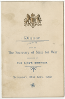 Dinner given by the Secretary of State for War in honour of the King's birthday, menu, Saturday, May 31, 1902, at Hotel Cecil Victoria Hall