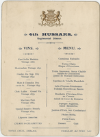 Fourth Hussars regimental dinner, menu, Tuesday, June 3, 1902