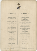 13th Hussars event, menu, Thursday, June 5, 1902, at Hotel Cecil
