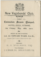 New Vagabonds' Club first coronation season banquet, menu, May 16, 1902, at Hotel Cecil