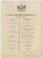 City Imperial Volunteers, Officers mess, menu, Friday, June 6, 1902