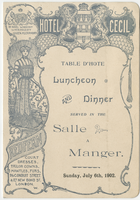 Hotel Cecil menu, Sunday, July 6, 1902