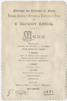 Federation of Cooks of France, Labor Union of the Cooks of Paris, sixth annual banquet, menu, 1891, Grand Hôtel