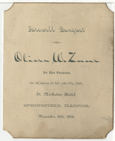 Menu for farewell banquet to Oliver W. Zane by his friends, on his leaving for Salt Lake City, Utah, November 18, 1884, St. Nicholas Hotel