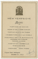 Claypool Hotel, New Year's Eve dinner menu, 1912