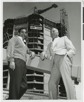 Photograph of Danny Thomas and Jack Entratter in front of the Sands tower, Las Vegas, 1965
