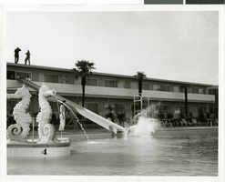 Photograph of a wake up call publicity stunt at the Dunes Hotel, Las Vegas, 1955