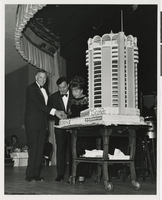Photograph of Jack Entratter and Danny Thomas with the Sands Hotel and Casino anniversary cake, Las Vegas, December 18, 1964