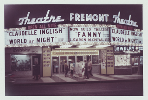 Photograph of the Fremont Theatre marquee advertising, "World by Night" at the Fremont Theatre and "Fanny" at the Guild Theatre in Las Vegas, Nevada, 1961