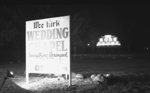 Film transparency of a sign for the Wee Kirk O' the Heather Wedding Chapel, circa 1950s