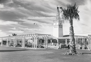 Film transparency of El Rancho arbor and pool, Las Vegas, circa 1941-1960