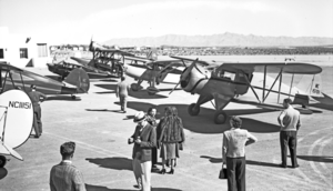 Film transparency of an airplane and passengers, Boulder City (Boulder Dam) Airport, circa 1930-1940