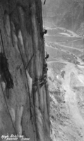Film transparency showing workers as they scale canyon walls, Hoover Dam, circa 1930-1935