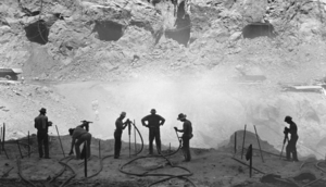 Film transparency of workers drilling on the canyon floor, Hoover Damn, circa 1930-1935
