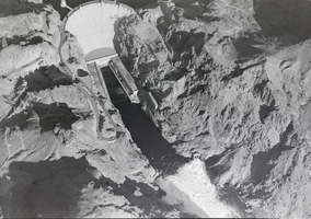 Film transparency of aerial view of completed Hoover Dam, circa 1935