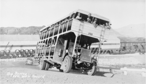 Film transparency of workers being trucked to Hoover Dam construction site, circa 1930-1935
