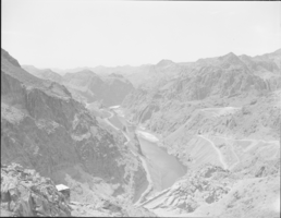 Film transparency of road and bridge construction, Black Canyon, circa 1930-1935