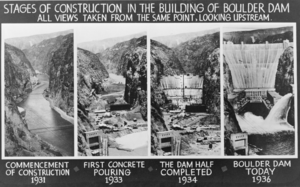 Film transparency of postcard showing Hoover Dam construction, circa 1930-1935