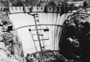 Film transparency of construction on downstream face of Hoover Dam, circa mid 1930s