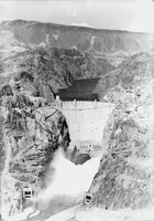 Film transparency of an aerial view of open valves, Hoover Dam, circa mid 1930s