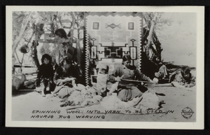 Postcard of Navajo women spinning wool, unidentified location, circa 1900-1950