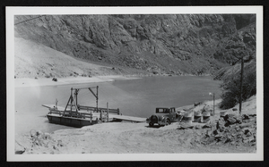 Photograph of barge on Colorado River, Hoover Dam, circa 1930-1935