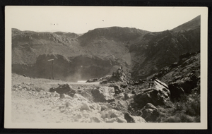 Photograph of Hoover Dam construction site seen from top of Black Canyon, circa 1930-1935