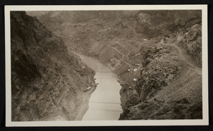 Photograph of construction of roads and bridge across Colorado River, Hoover Dam, circa 1930-1935