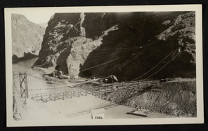 Photograph of construction of bridge across Colorado River, Hoover Dam, circa 1930-1935