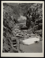 Photograph of construction on Hoover Dam cofferdam, June 27, 1933