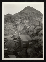 Photograph of head tower hoist house and permanent 150 ton cableway, Hoover Dam, circa 1930-1935