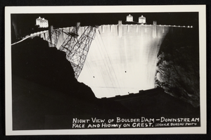 Postcard showing downstream face of Hoover Dam at night, circa 1934-1935