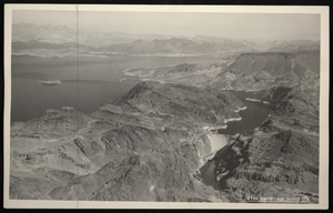 Aerial photograph of Hoover Dam, Lake Mead, Black Canyon, circa 1934-1935