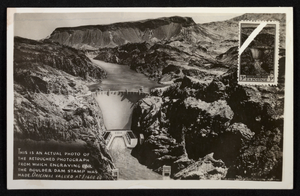 Postcard of retouched photo used for engraving postage stamp of Hoover Dam, 1936.