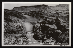 Postcard of downstream face of Hoover Dam, Colorado River, Black Canyon, circa 1934-1935