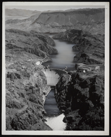Photograph of downstream face of Hoover Dam, Colorado River, Black Canyon, circa 1935