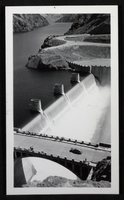 Photograph of bridge across Hoover Dam spillway, circa 1935-1936