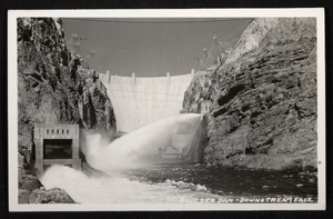 Postcard of downstream face of Hoover Dam, circa 1935-1936